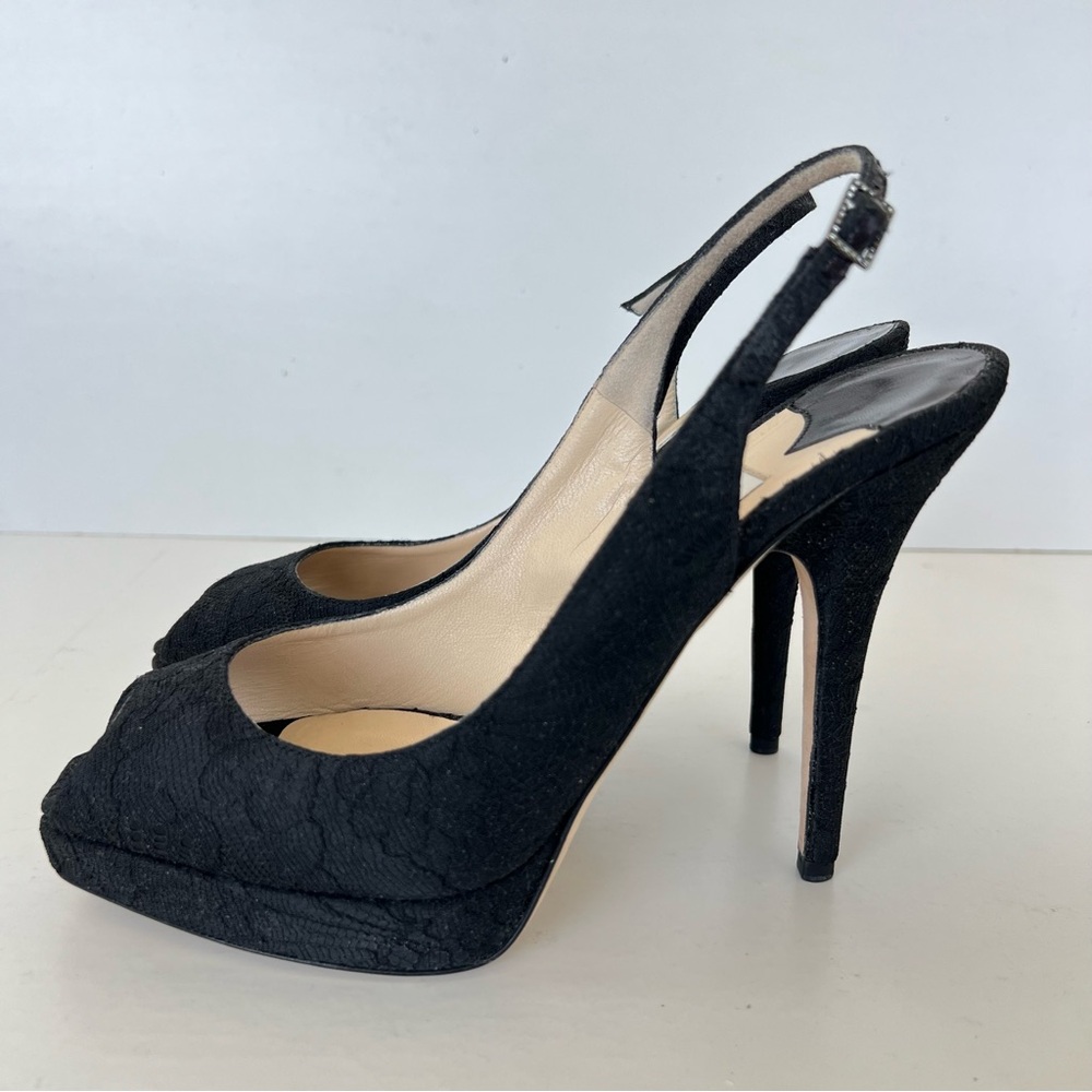 JIMMY CHOO Black Textured Fabric Lace Side Buckle Peep Toe Heel Sandals Sz 37.5 - Picture 5 of 11